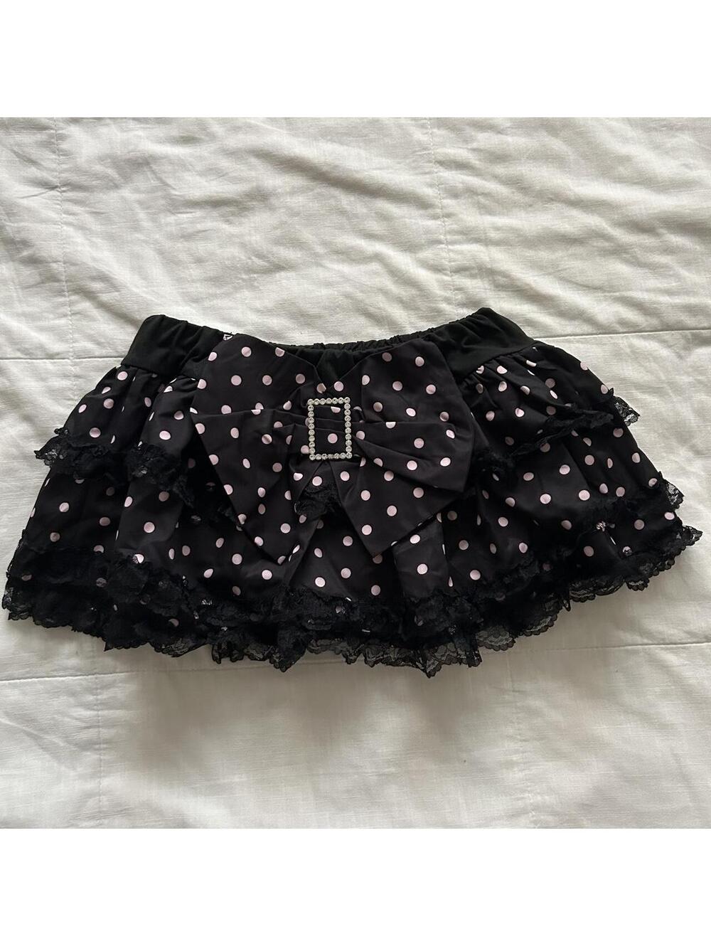 NWT Japanese Brand Black Pink Polka Dot Bow Lace Skort Size Small Japan